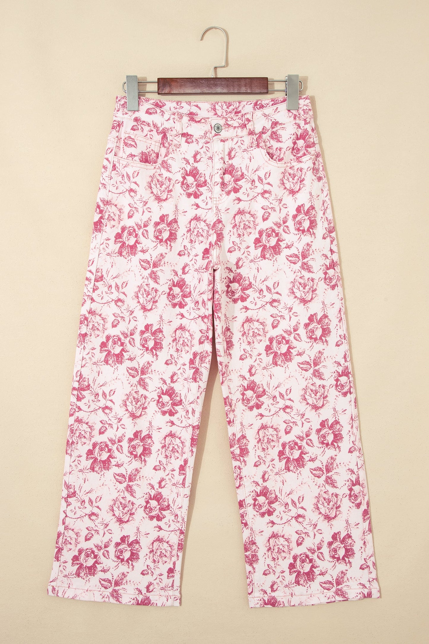 Pink Vintage Floral Print Denim Shift Pants